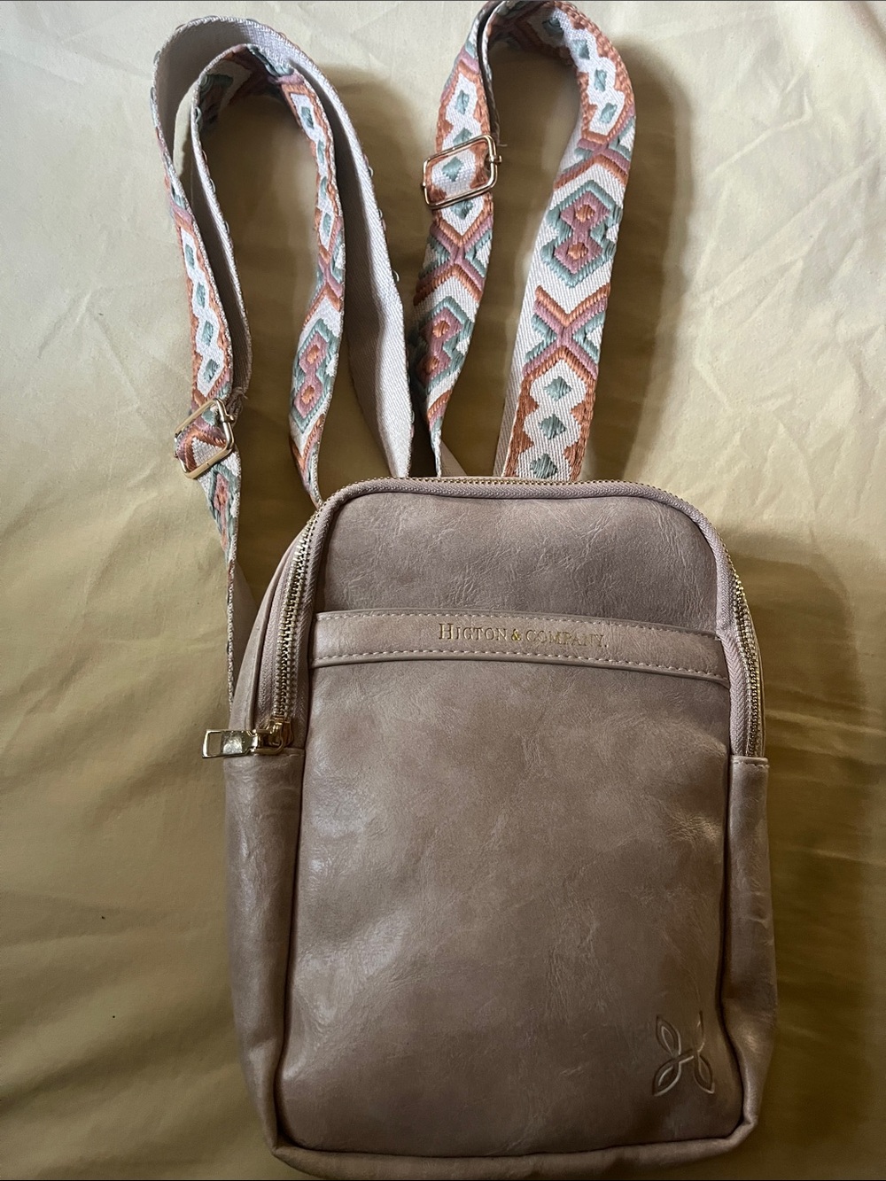 Higton & Co. Taupe Leather Mini Mae Crossbody Diaper Bag/Purse-Patterned Strap